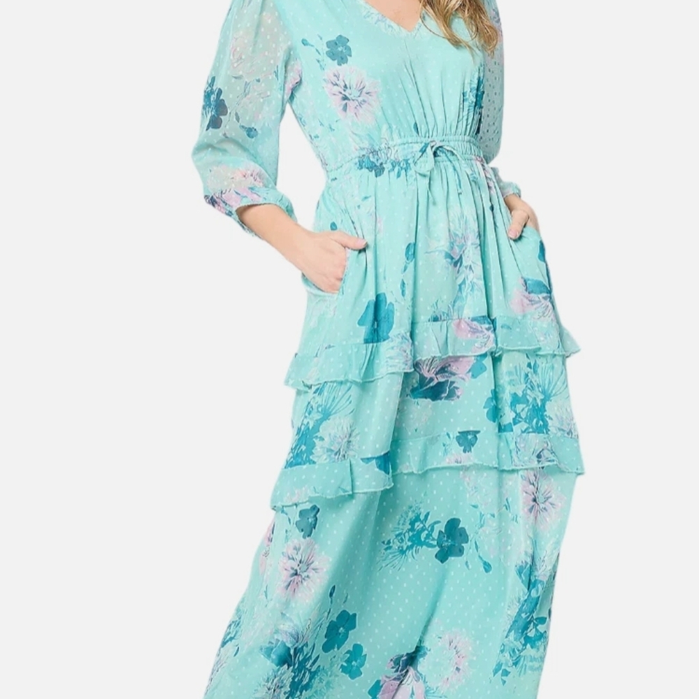 365 Clip Dot C H I F F O N Aqua Floral 3/4 Sleeve Maxi Dress
